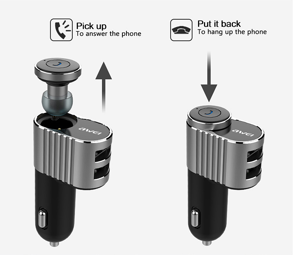 Επαναφορτιζόμενο Handsfree Bluetooth Ακουστικό & USB Φορτιστής Αυτοκινήτου AWEI 2 σε 1
